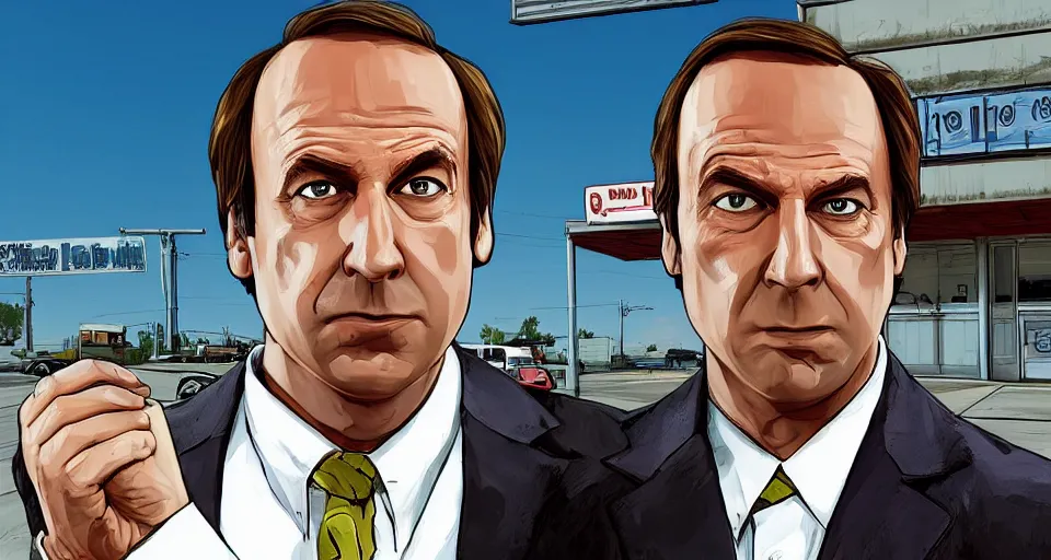 Prompt: saul goodman in the style of gta v cover art