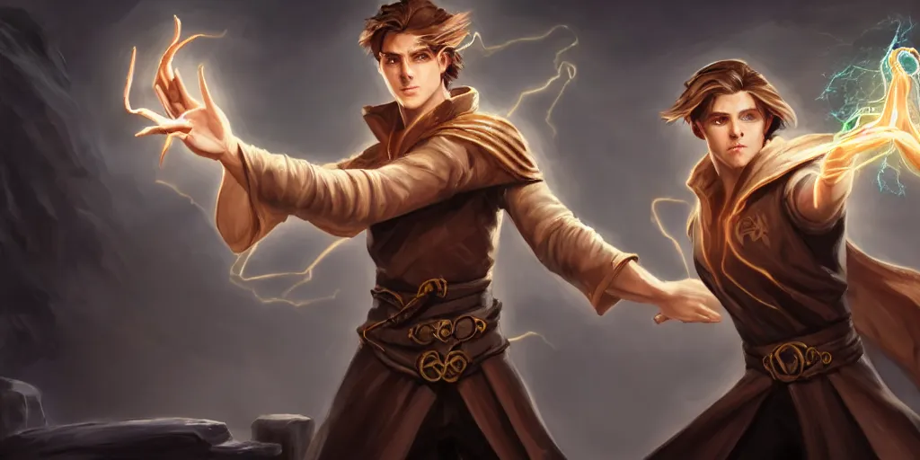 Prompt: epic concept art of a handsome young caucasian male sorcerer with brown hair casting a spell that is emanating from his hands he is in a alchemist lab, action pose, medium shot, deep depth of field, waist up, d & d mage, magic the gathering art