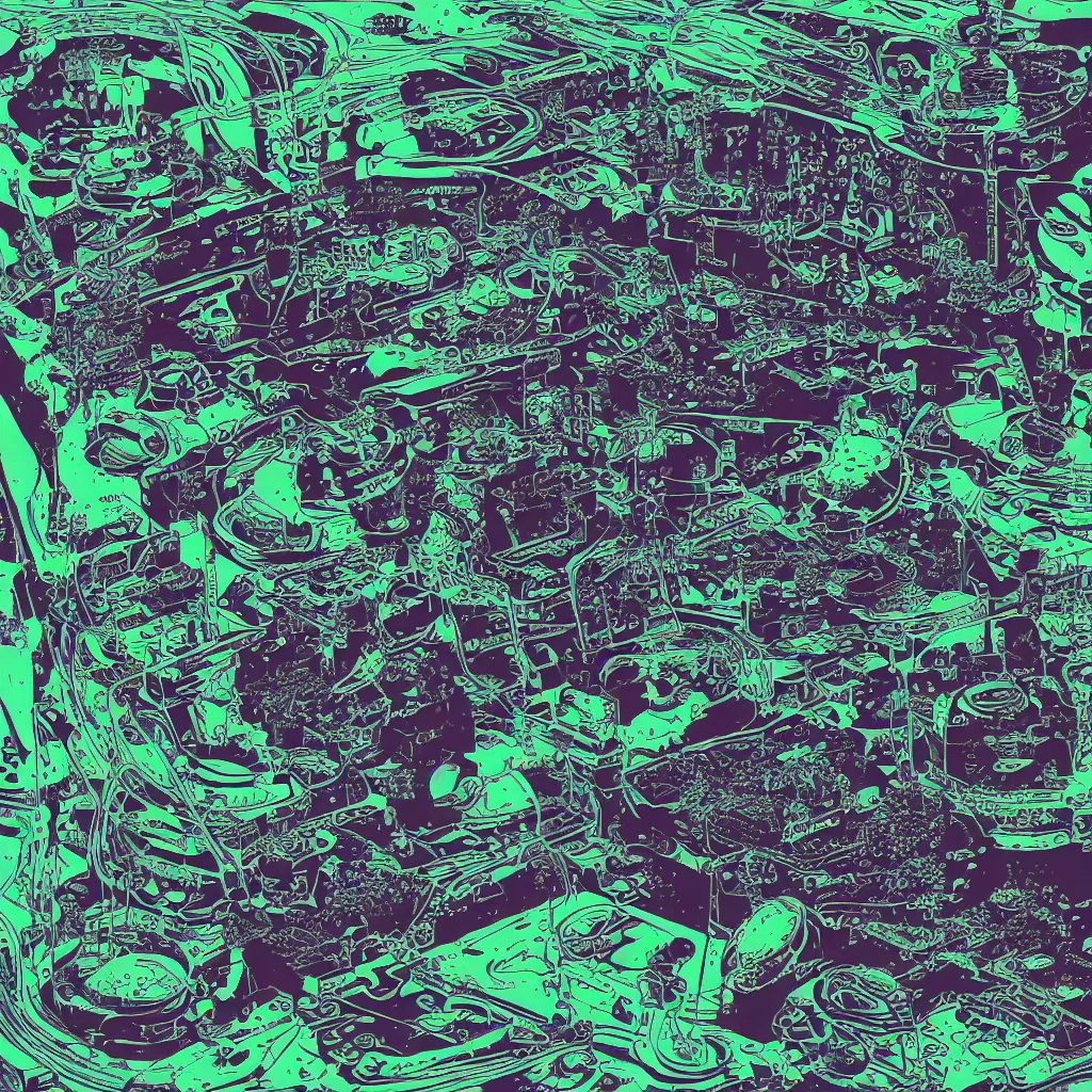 Image similar to toads, big toad, mechanical, technical, abstract, acrylic, oil, circuit board, computers, vektroid album cover, vectors, drips, dimensions, tears, leaks, glitches, frogs, amphibians, geometry, data, datamosh, motherboard, minimal, code, cybernetic, painting, dark, eerie, cyber