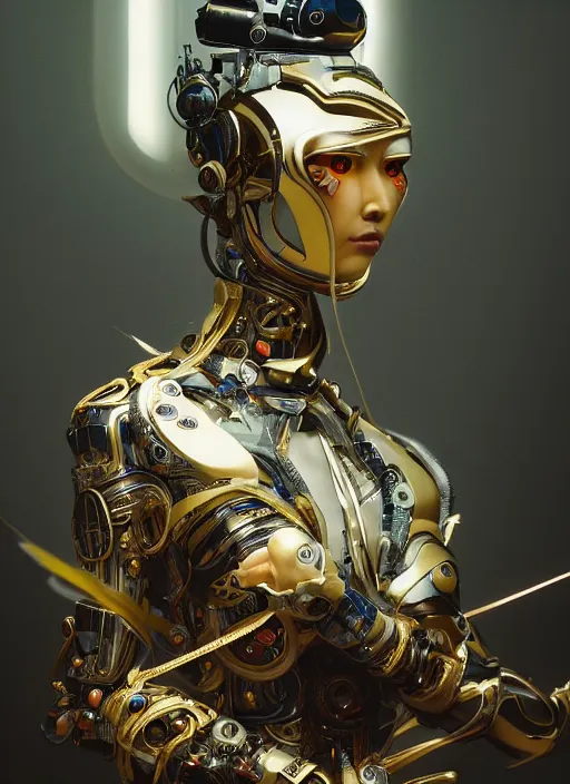 Image similar to portrait of a futuristic geisha cyborg, kintsugi, modern fine art, fractal, intricate, elegant, highly detailed, digital photography, subsurface scattering, by jheronimus bosch and greg rutkowski,