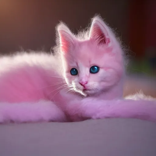 Prompt: Beautiful pink fluffy kitten, dreamlike Photography, First-Person, Full-HD, Natural Lighting
