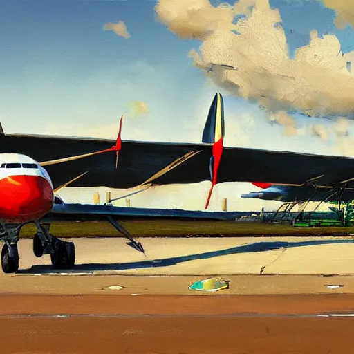 Image similar to a plane parked on the runway of a African airport, beautiful digital art, cinematic composition, detailed, concept art, Matt painting, oil painting, high res, norman rockwell artwork style,