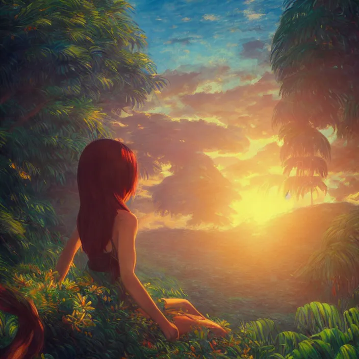 Prompt: an epic makoto shinkai and renoir landscape with a hawaiian waterfall, golden hour, 🌺, a beautiful woman with long chestnut hair, ultra smooth, octane render, lois van baarle, ilya kuvshinov