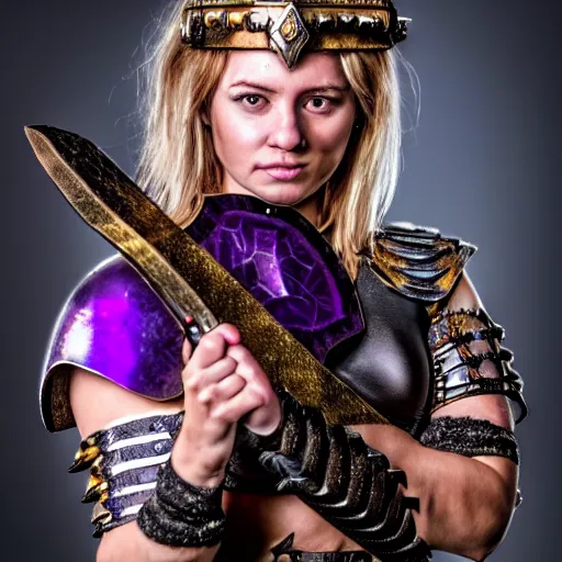 Image similar to photo of a real-life beautiful female warrior with amethyst encrusted armour