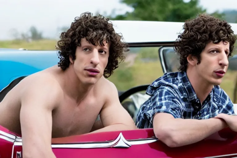 Image similar to a cinematic still from hotrod movie of ((andy samberg))