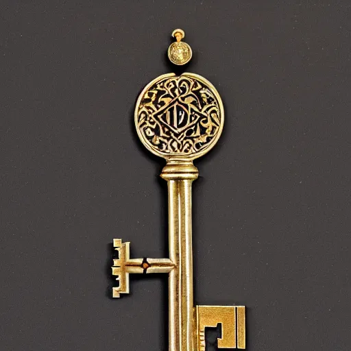 Prompt: a large ornate key with gems and engraved runes, d & d, photo