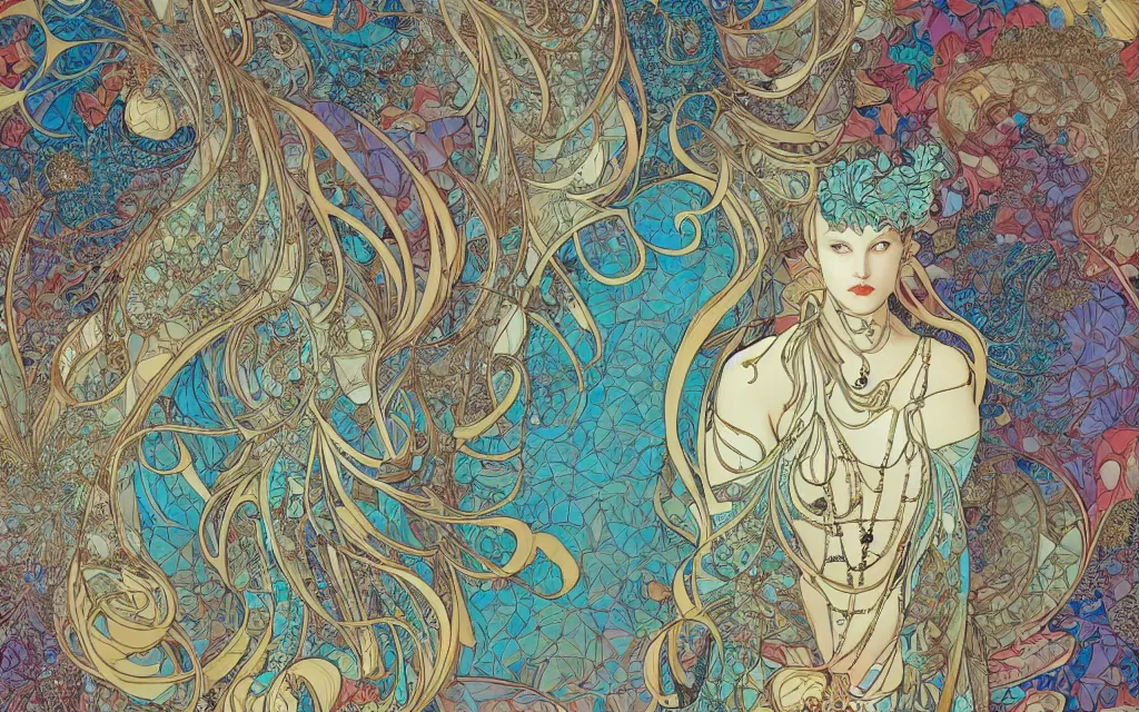 Prompt: pattern, oscillation, fractal gems, fractal crystals. by jean giraud and by james jean and mucha