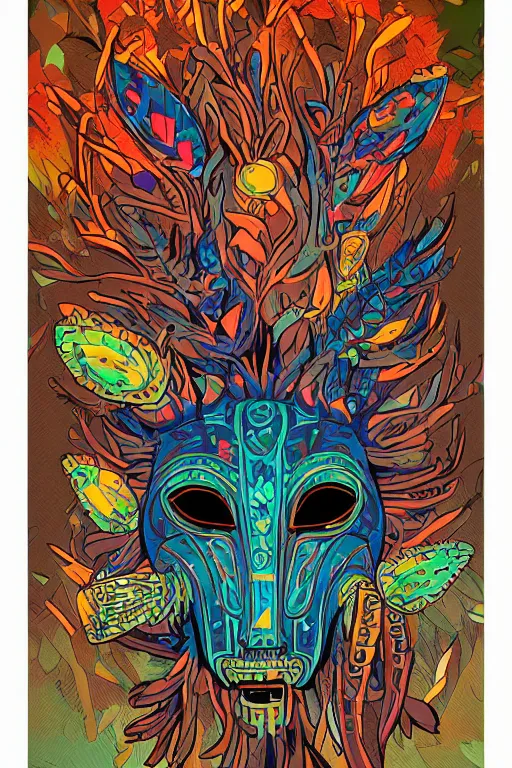 Image similar to animal mask totem roots flower tribal feather gemstone plant wood rock shaman vodoo video game vector cutout illustration vivid multicolor borderlands comics by josan gonzales and dan mumford radiating a glowing aura