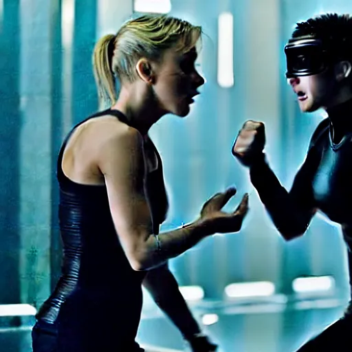 Image similar to julianne hough and jennifer lawrence fighting by ridley scott, secret agents, wearing black shorts, wearing black boots, wearing a cropped tops, blade runner, highly detailed, action movie still, intense, sharp focus, cyberpunk, hq