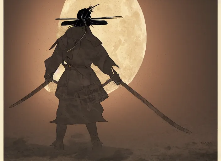 Image similar to A PORTRAIT FROM BEHIND OF A SAMURAI MAN VAGABOND WITH A MOON BEHIND HIM ,THE SAMURAI IS WRAPPED IN CHAINS, manga,detailed, studio lighting, gradation,editorial illustration, matte print, concept art, digital