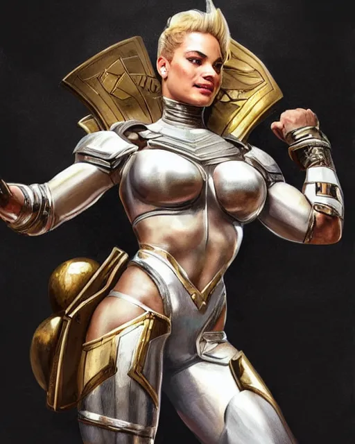 Prompt: full figure ultra realistic illustration, margot robbie as thick female bodybuilder knight zarya from overwatch smiling with closed eyes wearing egyptian armour, intricate, elegant, highly detailed, digital painting, artstation, concept art, smooth, sharp focus, illustration, art by artgerm and greg rutkowski and alphonse mucha
