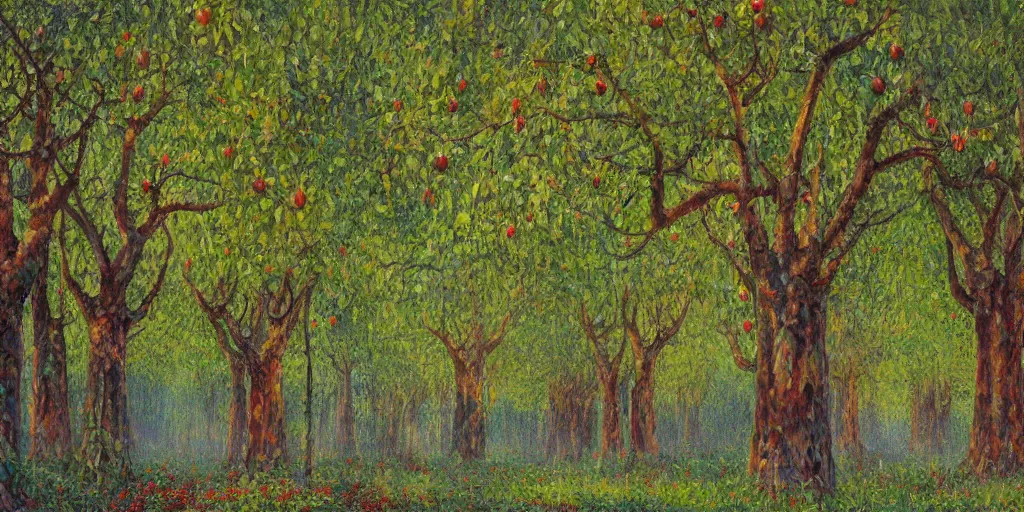 Prompt: impressionistic detailed concept art of a supernatural forest of incredibly tall apple trees with branches laden with red apples, trunks stretch and twine upwards forming a vast colonnades that extend out in thin ordered rows far into the distance, rolling hillocks of lush green grass, translucent leaves forming unbroken thick canopy set alight with a fragile late-afternoon sunlight that refracts off the apples brushed pink and red with exposure, a slight mist wafts through the trunks, arthurian legend ynys afallach avalon isle of apples, by frank lloyd wright and greg rutkowski and ruan jia, trending on Artstation deviantart