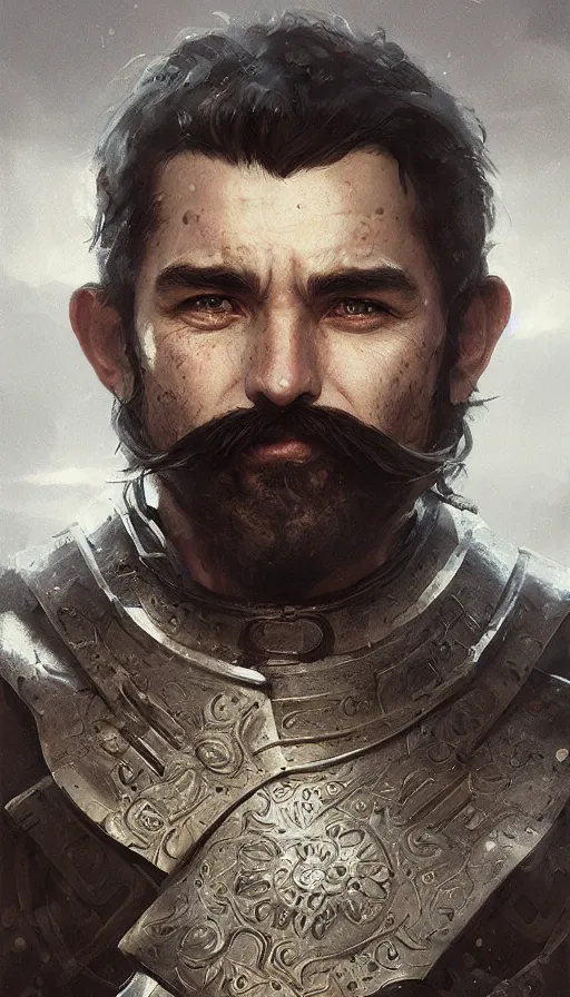 Image similar to Portrait of an old knight with a large moustache, male, detailed face, fantasy, highly detailed, cinematic lighting, digital art painting by greg rutkowski