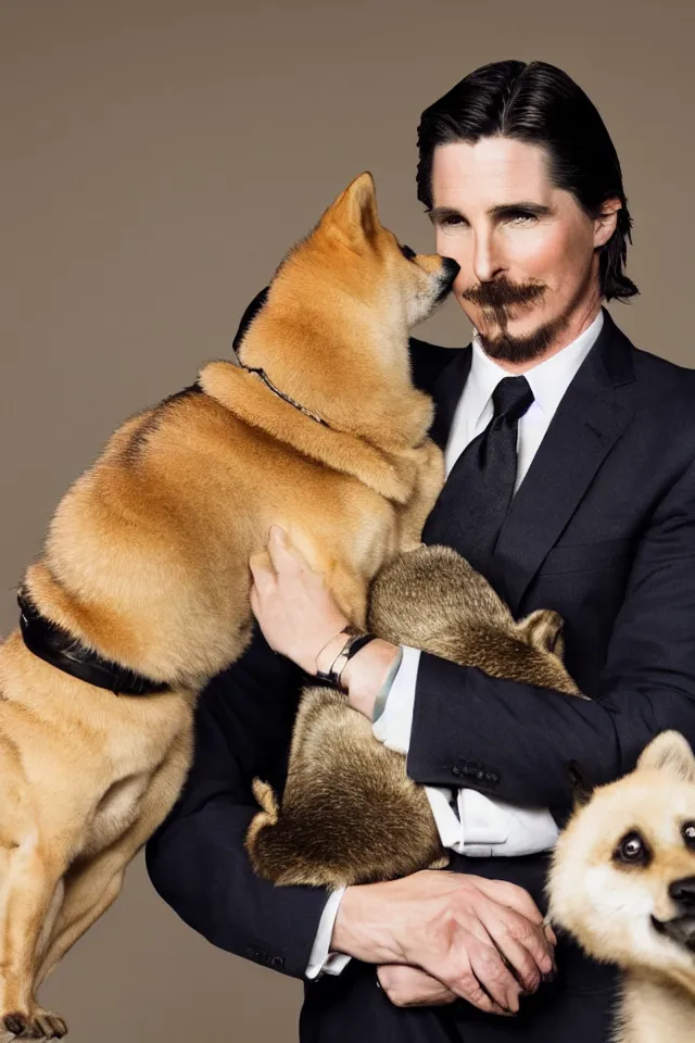 Image similar to a highly detailed portrait of a cleanly - shaven christian bale in a suit with slicked back hair, holding a shiba inu in his arms, hyperrealistic, highly detailed, 8 k, canon 2 4 mm f / 1. 4 lens,