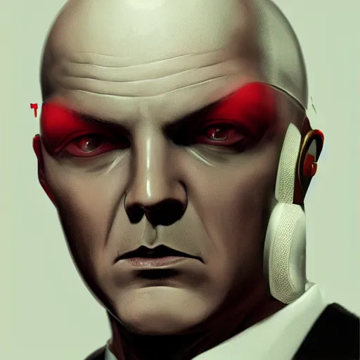 Image similar to a concept art portrait of agent 4 7 from hitman wearing headphones, dark background, red rim light, highly detailed, smooth, sharp focus, art by jason chan