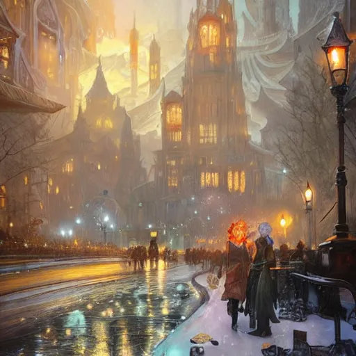 Prompt: city , carving on southern ice porcelain , overdetailed art, by greg rutkowski, by Alfons Mucha, complementing colors, magic, colorful lights, fireflies, detailed illustration