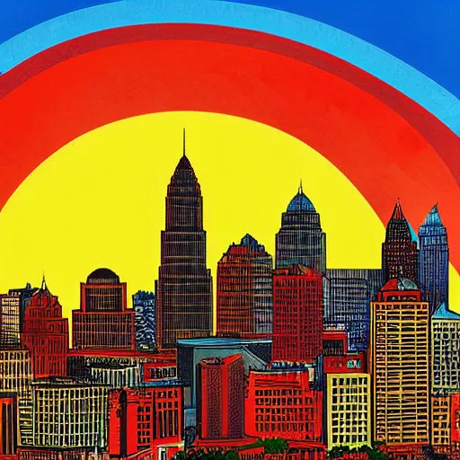 Image similar to landscape of cleveland skyline by Shepard Fairey, concept art, photo realistic, high resolution, contrast, colorful, rainbow