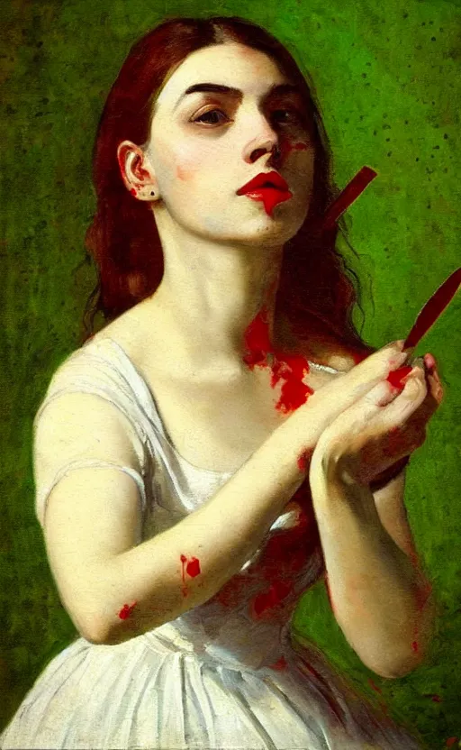 Prompt: by 1 9 th century famous painter, portrait, young woman, blood smear, blood dripping, knife, realism, realistic, oil painting, green wallpaper background