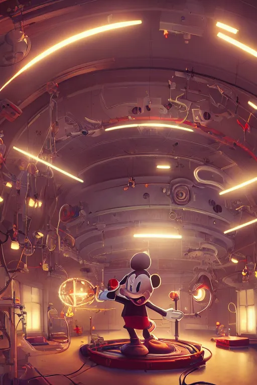 Image similar to bunch of mechanics operating bloody mickey mouse head in science facility, big glowing netflix logo behind, greg rutkowski, beeple, gilleard, alphonse mucha cgsociety, unreal engine, octane render, highly detailed 4 k art, smooth, sharp focus, cinematic lighting,