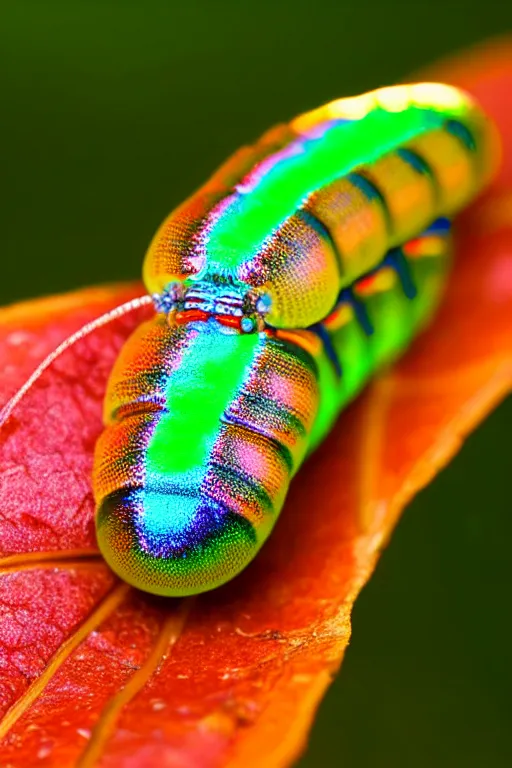 Image similar to high quality macro photo iridescent translucent caterpillar! gorgeous highly detailed david ligare elson peter cinematic pink lighting high quality low angle hd 8k sharp shallow depth of field