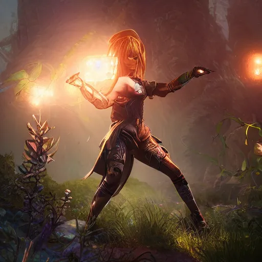 Image similar to female earth mage, high quality character design, action pose : : spotlight, biopunk, forestpunk, high detail, 1 6 k, oled, shadows, reflections, digital art