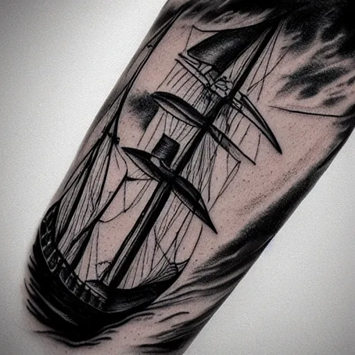 Prompt: pirate ship on a deserted island, realism tattoo drawing, hyper realistic, shaded