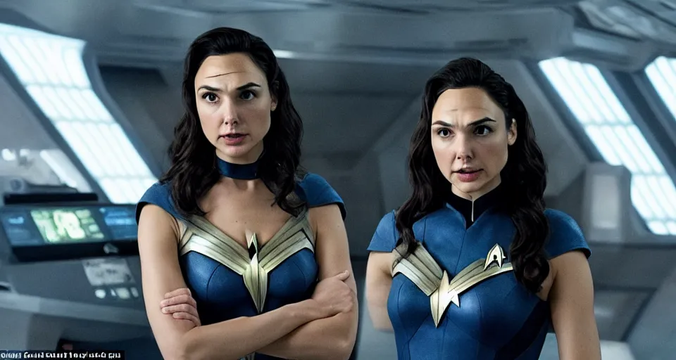 Image similar to Gal Gadot, in full starfleet uniform, is the captain of the starship Enterprise in the new Star Trek movie