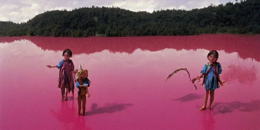 Prompt: 3 5 mm photography of kids wearing a codex seraphinianus costume in a pink lake h 1 2 0 0