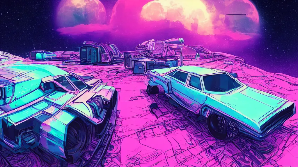 Image similar to an retrowave cyberpunk car on the moon, pastel, colorful, bright, cartoony, digital art