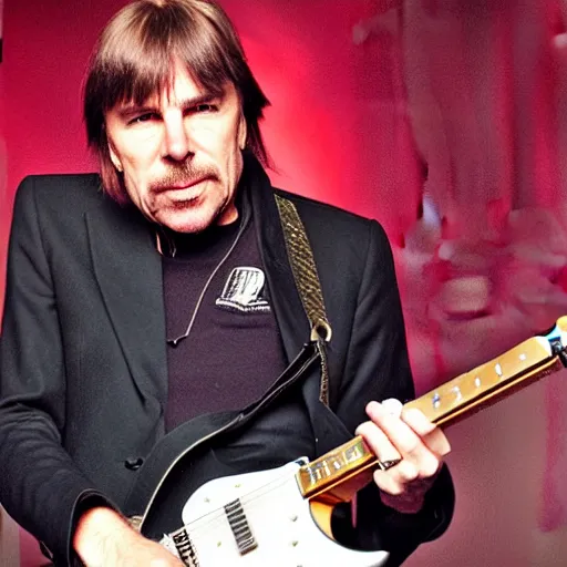 Prompt: dr brian cox thrashing his electric guitar on stage