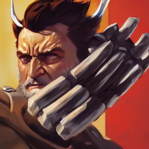 Image similar to Greg Manchess portrait painting of Wolverine as Overwatch character, medium shot, asymmetrical, profile picture, Organic Painting, sunny day, Matte Painting, bold shapes, hard edges, street art, trending on artstation, by Huang Guangjian and Gil Elvgren and Sachin Teng