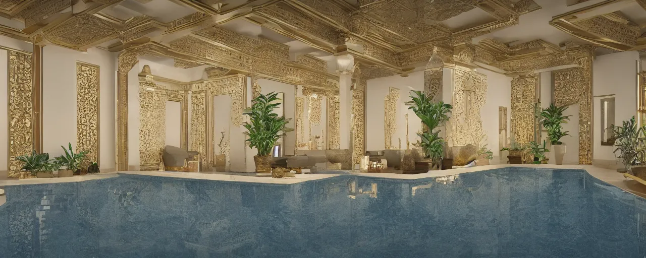 Image similar to 3 d render of a cinematic interior of a triple height hyper luxury spa with everything made of gold, candles, windows with view to desert mountains and river, beige stone marble floor with reflection, small wellness relaxation pool, potted plants, intricate hieroglyph detailed roof, contemporary design, fractal sacred geometry, 8 k, hyperrealistic, photorealism,