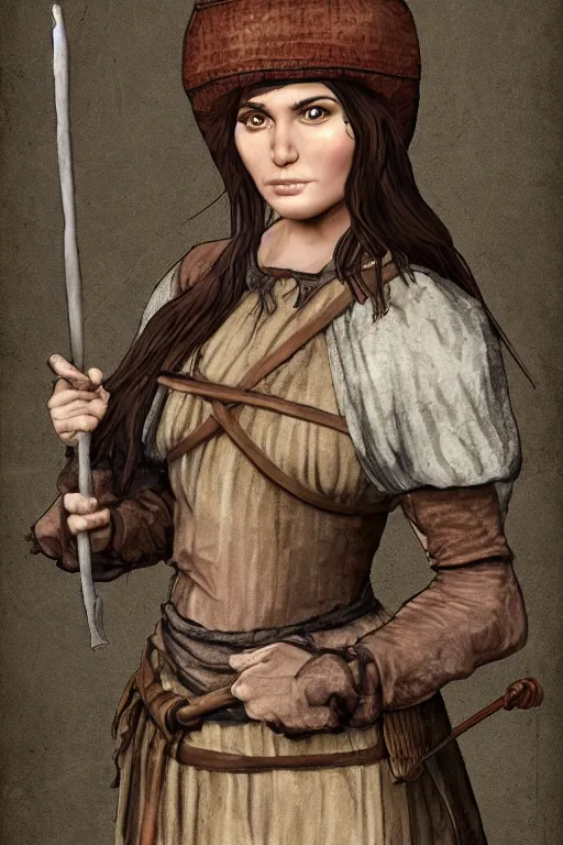 Prompt: middle aged, exhausted village brunette in dirty medieval clothing, no hat, highly detailed, trending on artstation