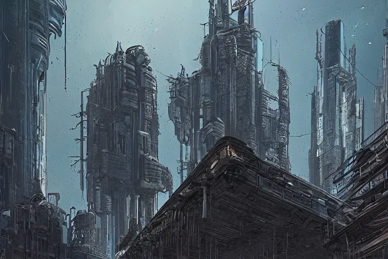 Prompt: comic book illustration, wide view of a very tall structure hovering 10 feet above the ground, the ground below it is scorched and cracked, cyberpunk concept art by Moebius, highly detailed, intricate, sci-fi, sharp focus, Trending on Artstation HQ, deviantart