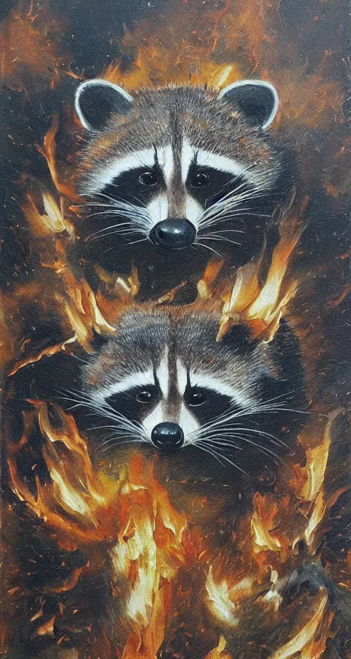 Prompt: bosch oil painting of a fire god raccoon, apocalyptic