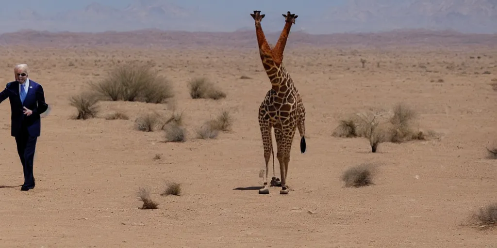 Prompt: Joe Biden in a giraffe suit , walking in the desert