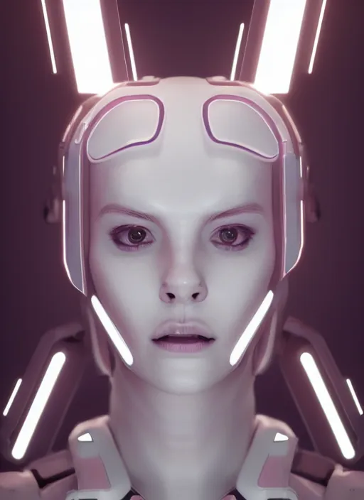 Image similar to white one cast futuristic biomechanics futuristic humanoid, pretty face, beautiful female, futuristic, neon lights, cyberpunk, 8 k, digital painting, by beeple and makoto shinkai, trending on cg society, glamour pose, fashion photography, high fashion, canon r 3, photorealistic, hyper realistic, perfect body, ambient occlusion render