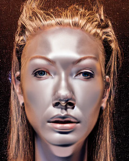 Image similar to realistic photo portrait of a metal woman with human head in the style of hajime sorayama, studio lighting, 1 5 0 mm