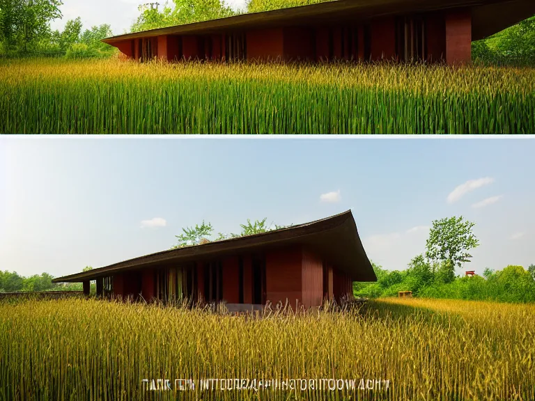 Prompt: hyperrealism design by frank lloyd wright and kenzo tange photography of beautiful detailed small house with many details around the forest in small detailed ukrainian village designed by taras shevchenko and wes anderson and caravaggio, wheat field behind the house, volumetric natural light