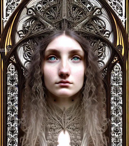 Prompt: hyperrealistic detailed face portrait of a beautiful long haired young goddess morphing into a gothic cathedral, authentic ornamental architecture, intricate and highly detailed, awe inspiring art by ernst haeckel, android jones, h. r. giger, alphonso mucha, gothic, neo - gothic, heavily ornamental,