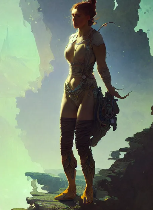 Image similar to portrait of a full body of beautiful young female solarpunk adventurer, fantasy, flat lighting, intricate, highly detailed, digital painting, artstation, concept art, smooth, sharp focus, illustration, art by simon bisley and greg rutkowski and alphonse mucha, natural tpose