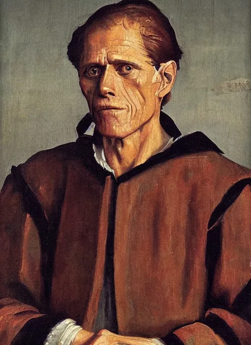 Image similar to regal painting of willem dafoe, renaissance oil painting, studious