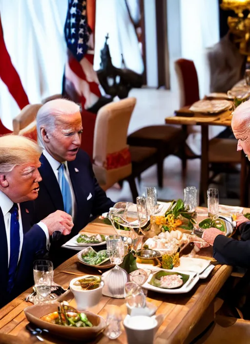 Image similar to Trump and Biden having dinner at a fancy Balinese restaurant, award winning photography, 85mm, perfect faces