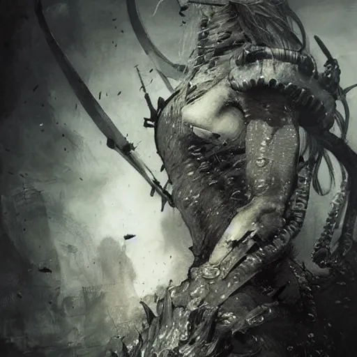 Image similar to Beautiful viking princess of the world fighting a toothy monster on a battlefield of destruction by Tsutomu Nihei, by Emil Melmoth, by stuz0r, Craig Mullins, yoji shinkawa, cross, artstation, peter morbacher, young, very attractive, pretty face, hyper detailed, very detailed, rendering by octane, shallow depth of field, uplight