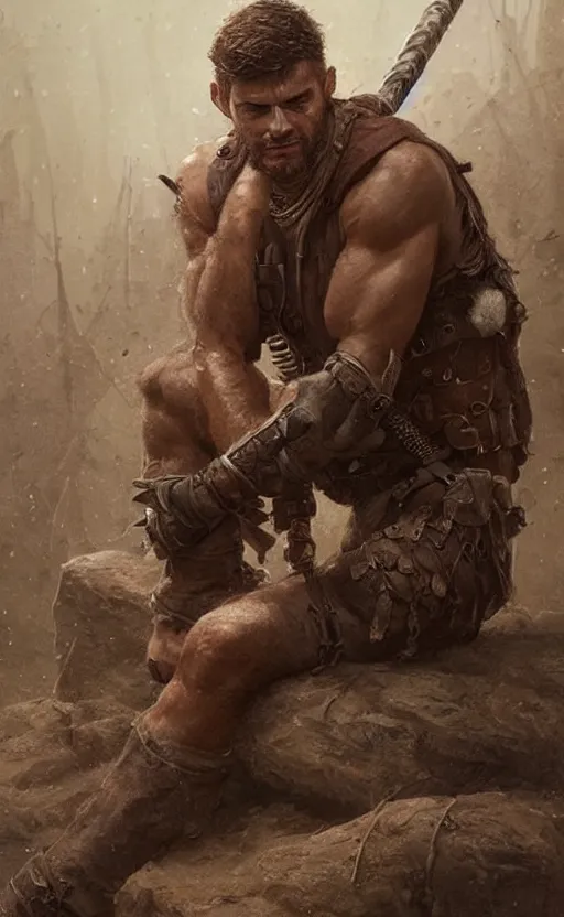 Image similar to Portrait of a rugged ranger sitting down, male, muscular, straight nose!!!, detailed face, handsome face, bare thighs!!!, simple clothing!!!!!, fantasy, medieval, highly detailed, cinematic lighting, digital art painting by greg rutkowski