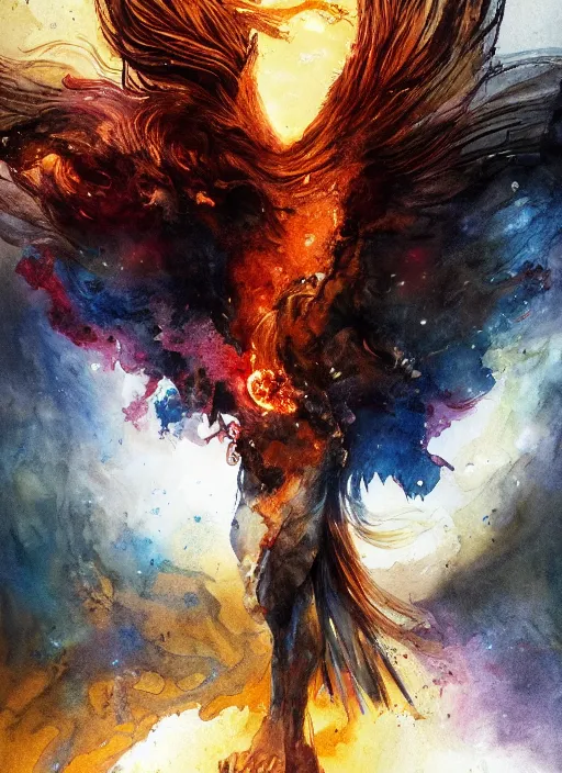 Image similar to portrait, A phoenix at the center of the universe, watercolor, dramatic lighting, cinematic, establishing shot, extremely high detail, foto realistic, cinematic lighting, pen and ink, intricate line drawings, by Yoshitaka Amano, Ruan Jia, Kentaro Miura, Artgerm, post processed, concept art, artstation, matte painting, style by eddie mendoza, raphael lacoste, alex ross