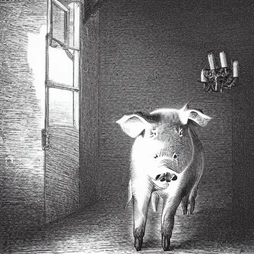 Image similar to pig in a tuxedo walk out of a barn, dramatic lighting, creepy, farm background chiaroscuro, high detail, illustration by gustave dore