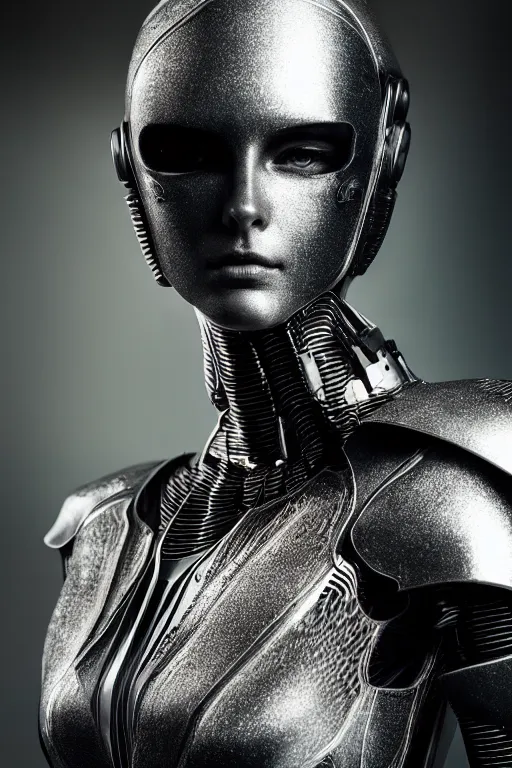 Image similar to beautifull cyberpunk woman model, wearing organic ceramic fractal armor, luxury materials, symmetrical, cinematic, elegant, professional studio light, real dlsr photography, sharp focus, 4 k, ultra hd, sense of awe, high fashion