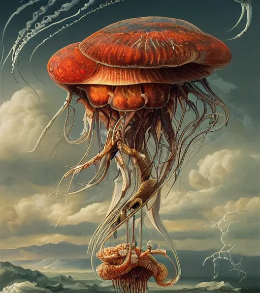 Prompt: an anatomical oil painting of a Harpy jellyfish from a medical journal by Peter Mohrbacher and Nychos, highly detailed, high detail, 8k, storm clouds, birds, dramatic lighting