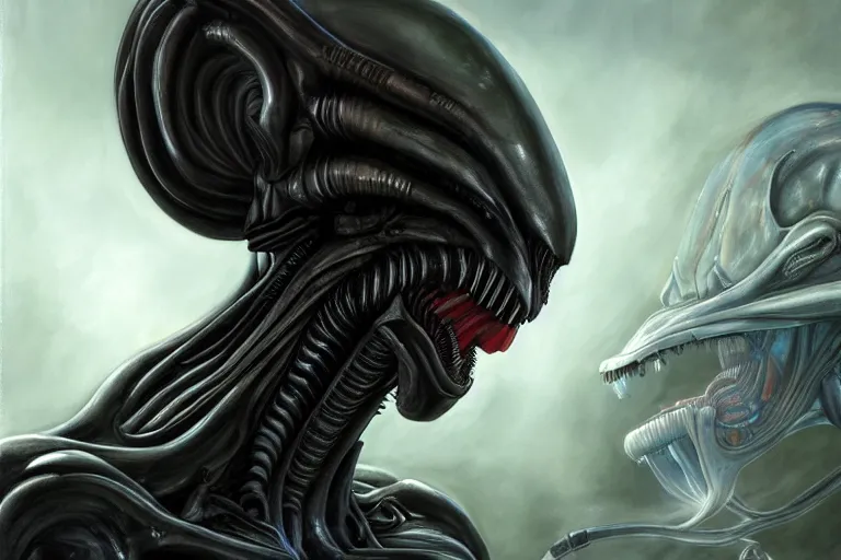 Prompt: xenomorh king alien facing right, xenomorph queen alien left, side 2 d view, highly detailed, oil painting, crisp quality and light reflections, 4 k resolution